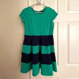 Young Girls Green Dress With Navy Blue Stripes